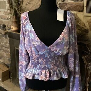 Wayf Lavender Floral Smocked Blouse
